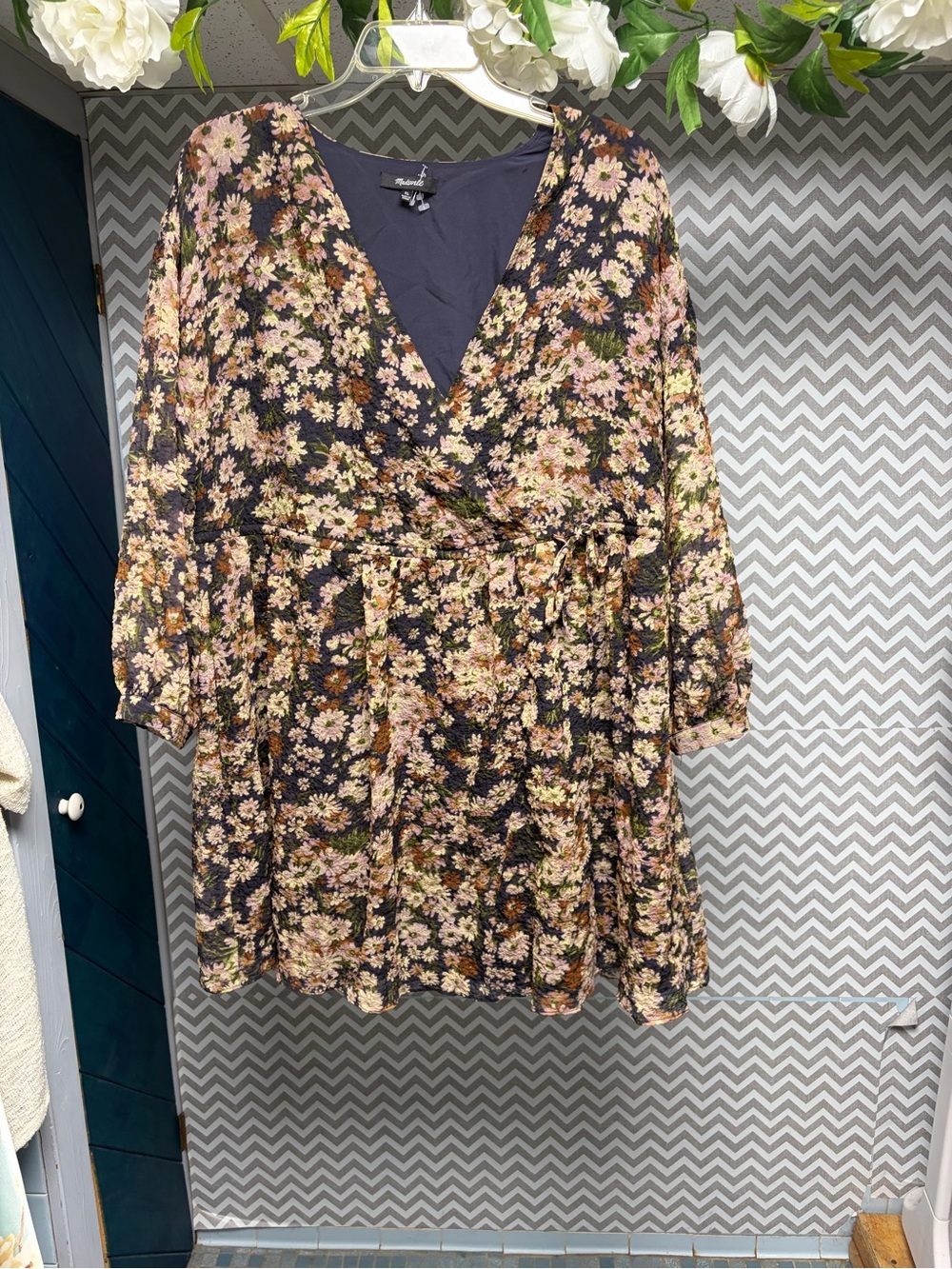 Madewell Eggplant Purple Floral Wrap Tunic with Pink and Brown Daisy Print